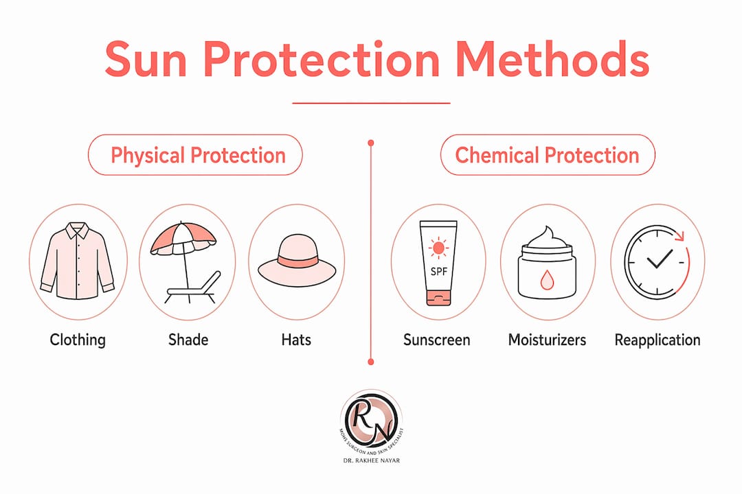Infographic comparing physical and chemical sun protection methods