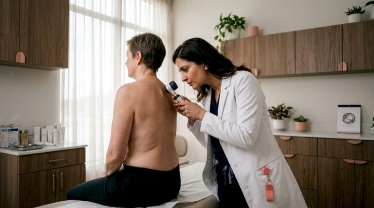 Dermatologist examining skin with dermoscope