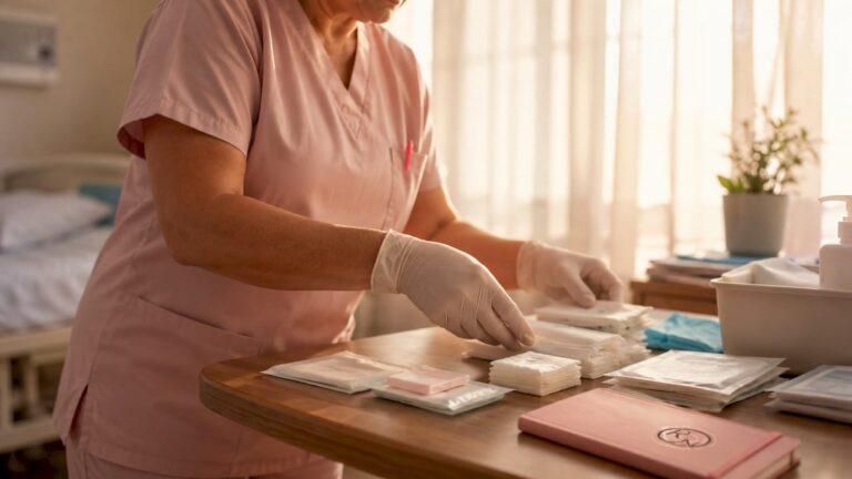 Nurse preparing sterile wound care supplies