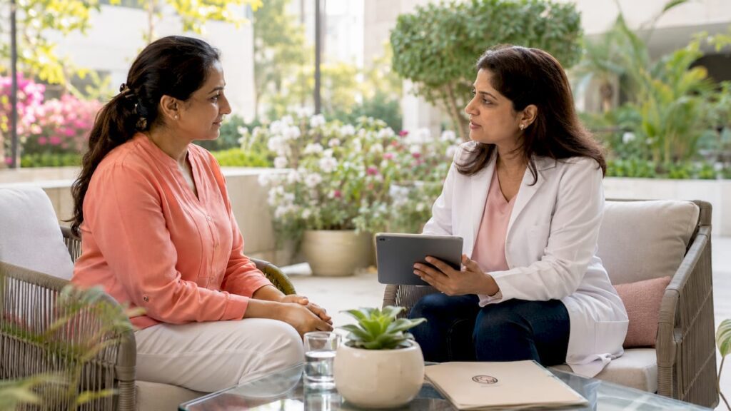 Dermatologist consulting patient about skin cancer