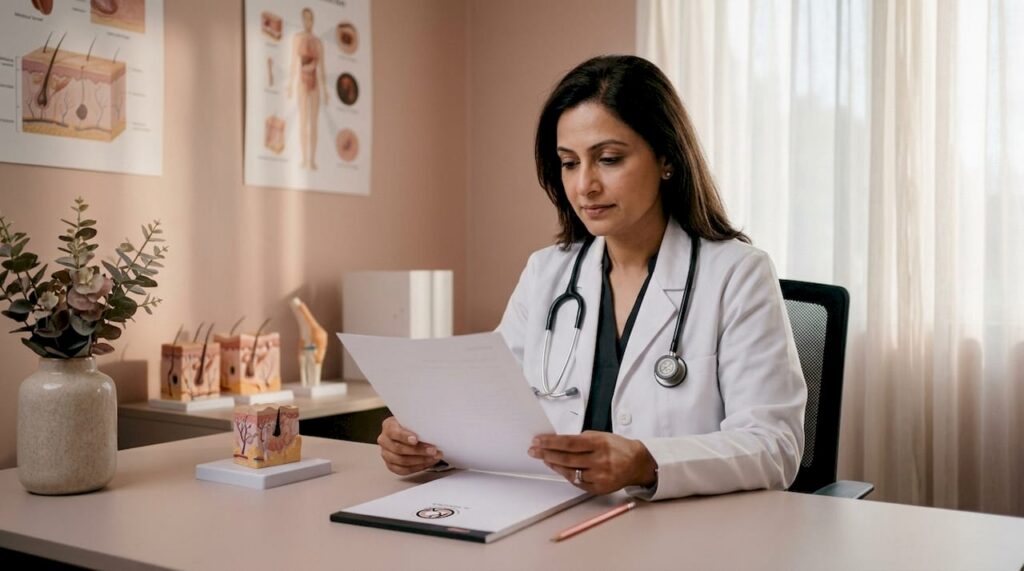 GP reviewing skin cancer referral notes