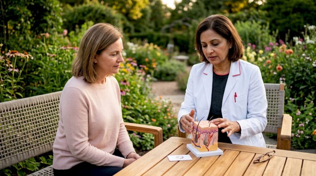 Dermatologist consulting patient in clinic room