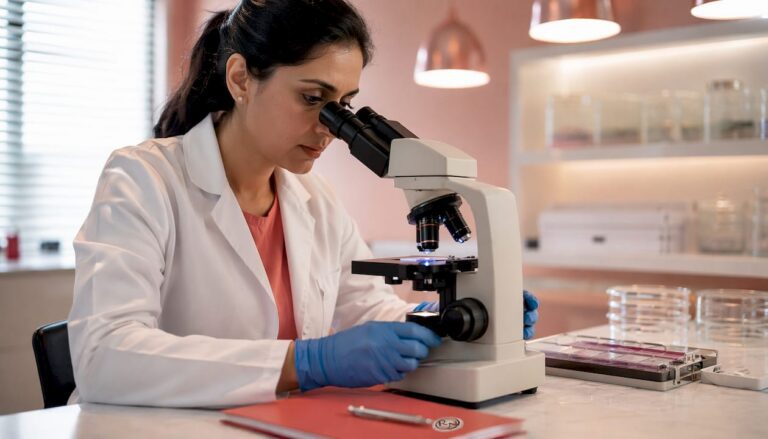 Histopathologist examining skin biopsy slide