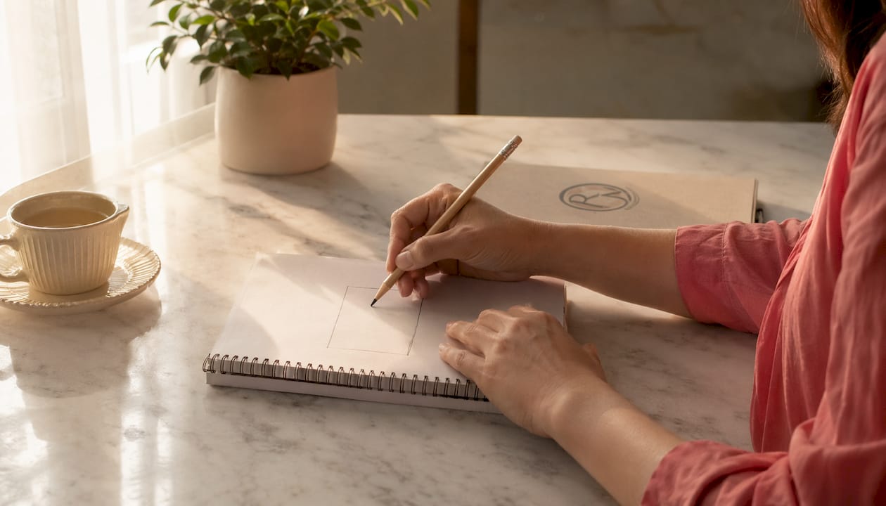 Hands with rectangle breathing notes on desk
