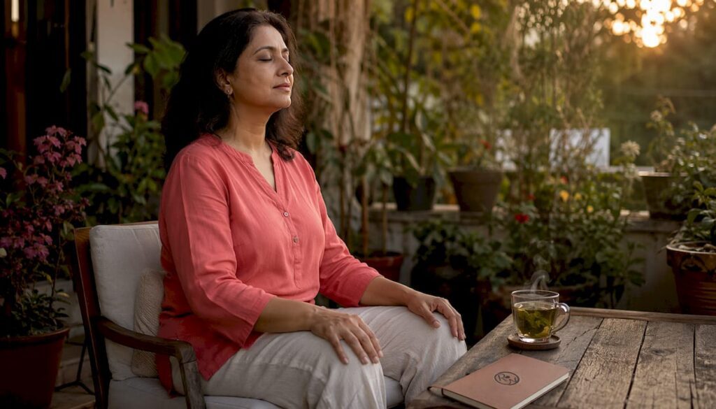 Woman practicing deep breathing at home
