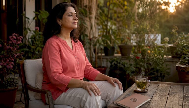 Woman practicing deep breathing at home