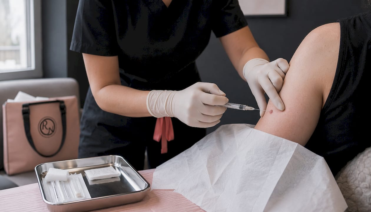Hands injecting local anaesthetic near lesion